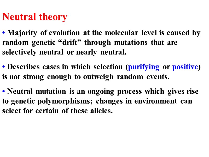 Neutral theory • Majority of evolution at the molecular level is caused by random